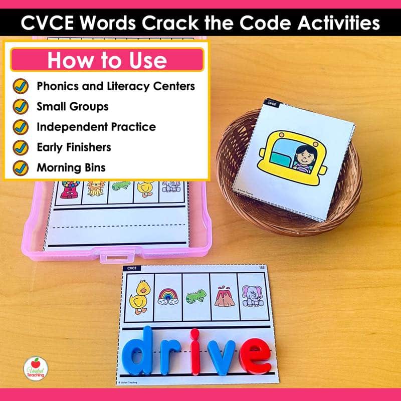 How to Use for CVCe Words Crack the Code Task Cards with photo box and magnetic letters spelling drive