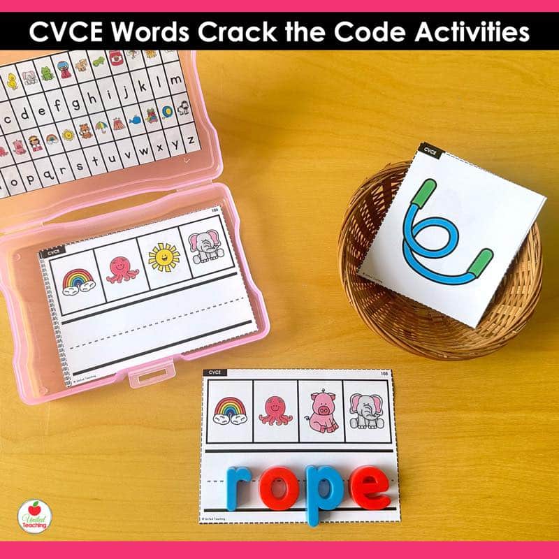 CVCe Words Crack the Code Task Cards o-e activity with alphabet code photo box and magnetic letters spelling rope
