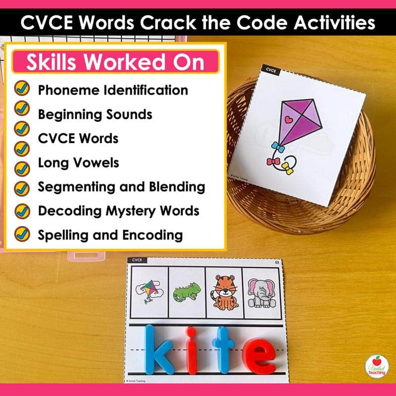 Skills Worked On for CVCe Words Crack the Code Task Cards including CVCe words, long vowels, and decoding