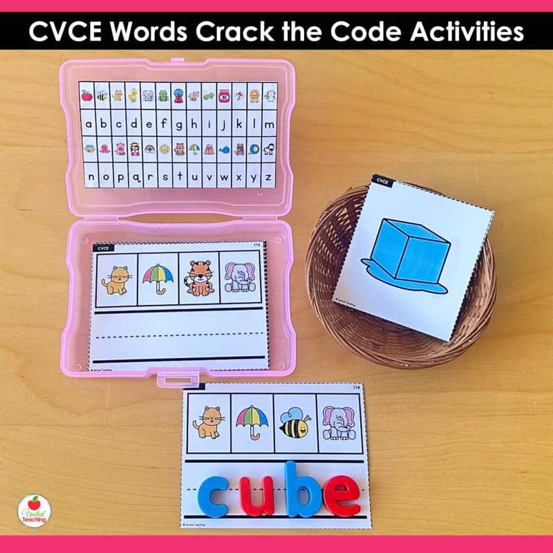 CVCe Words Crack the Code Task Cards u-e activity with alphabet code photo box and magnetic letters spelling cube