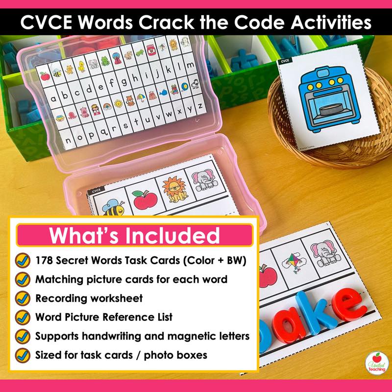 What's Included for CVCe Words Crack the Code Task Cards with pink photo box and magnetic letters spelling ake