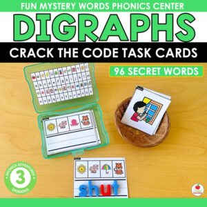 Digraphs Crack the Code Task Cards cover with photo box, picture cards in basket, and magnetic letters spelling shut