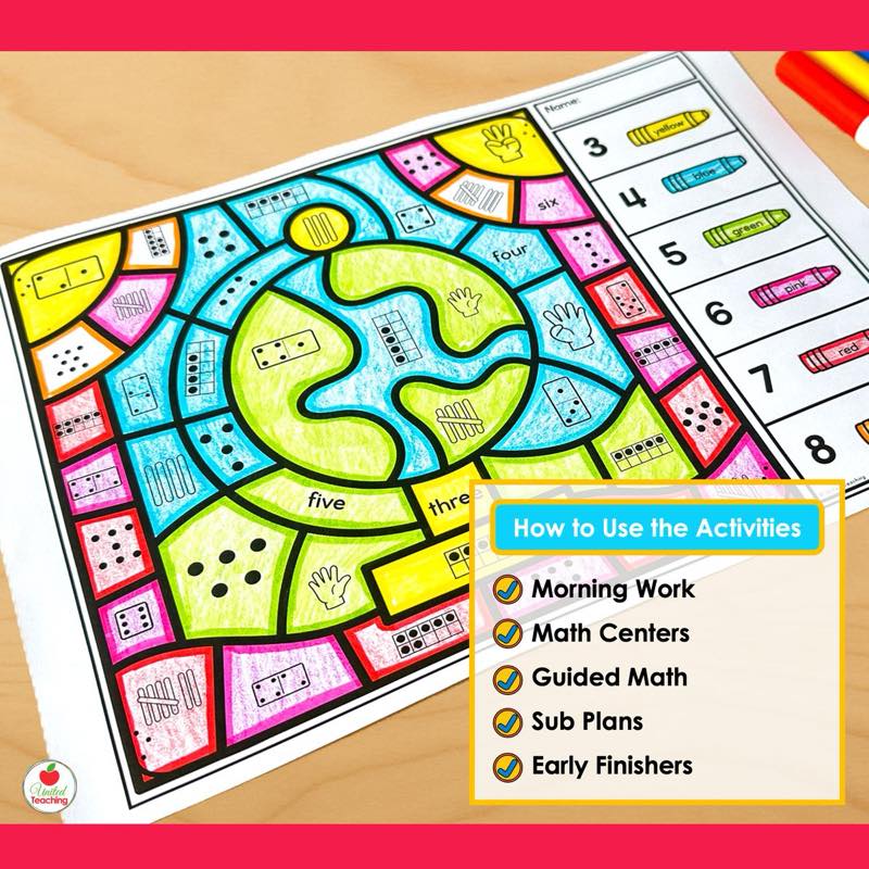 Back to School Number Sense Color by Code worksheets showing a globe worksheet for morning work and math centers