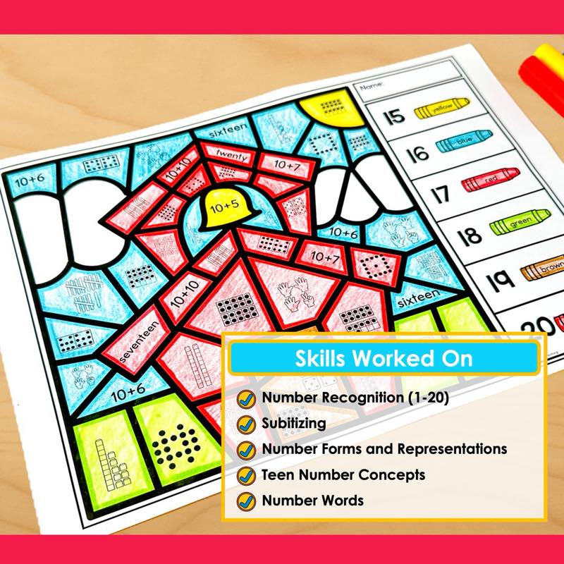 Back to School Number Sense Color by Code worksheets showing a school bus worksheet with subitizing and teen number skills
