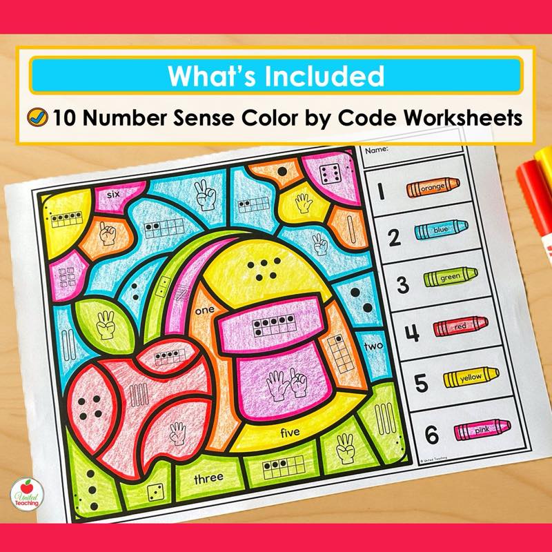 Whats Included in Back to School Number Sense Color by Code worksheets showing a backpack worksheet for numbers 1-6