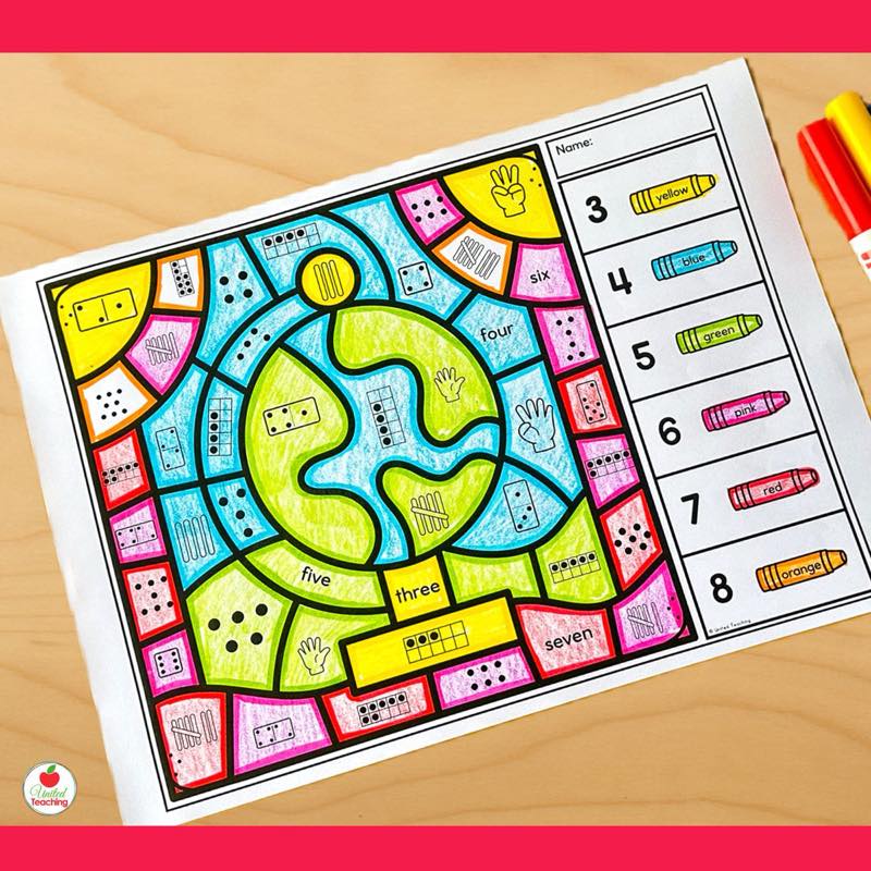 Back to School Number Sense Color by Code worksheets showing a globe colored by number forms for numbers 3-8