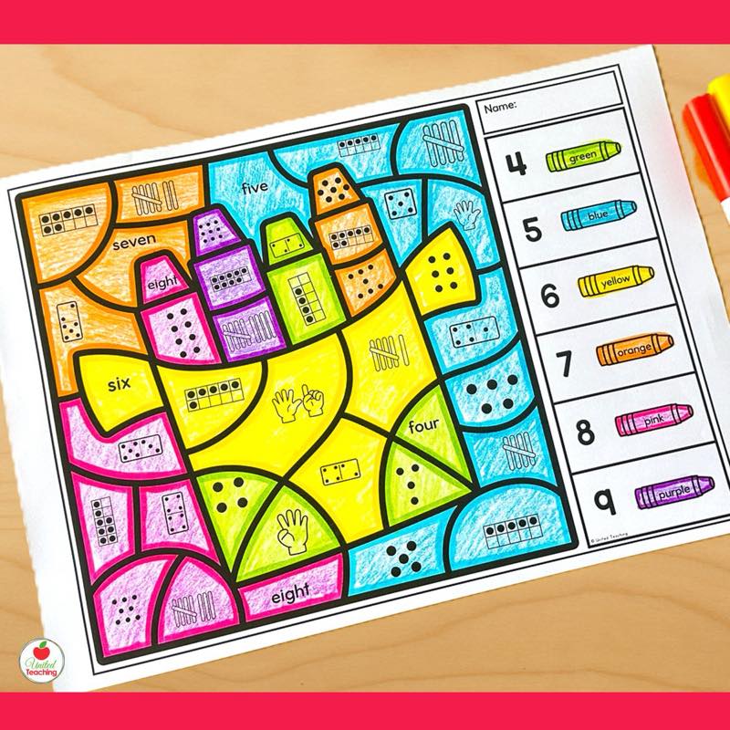 Back to School Number Sense Color by Code worksheets showing school buildings colored by number forms for numbers 4-9