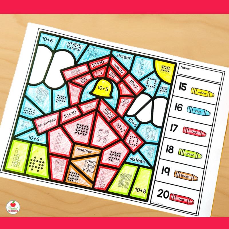 Back to School Number Sense Color by Code worksheets showing a school bus colored by teen number representations 15-20
