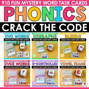 Phonics Crack the Code Task Cards Bundle cover showing all 6 sets: CVC, Digraphs, Blends, CVCe, R-Controlled, Vowel Teams
