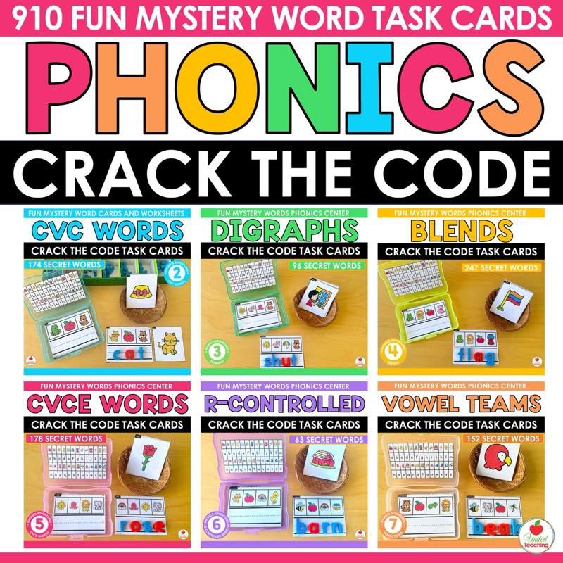 Phonics Crack the Code Task Cards Bundle cover showing all 6 sets: CVC, Digraphs, Blends, CVCe, R-Controlled, Vowel Teams