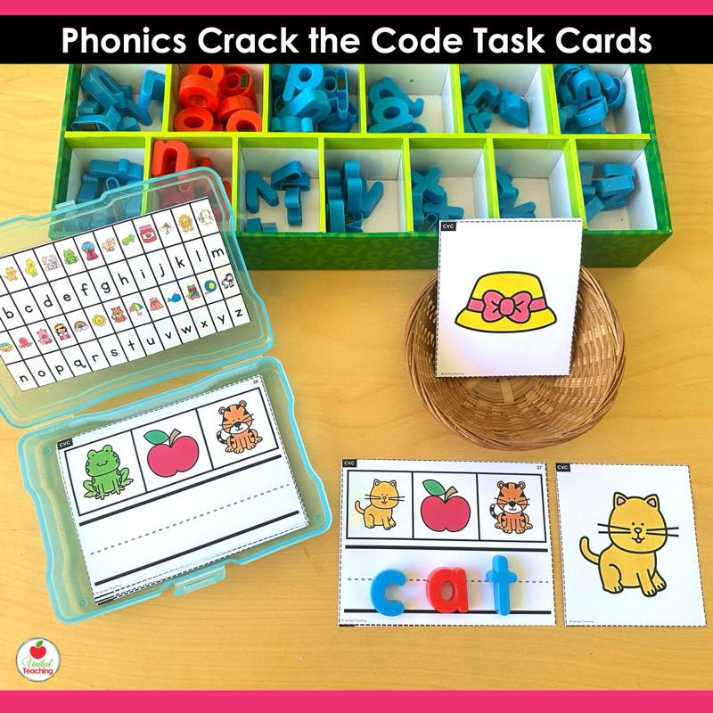 Phonics Crack the Code Task Cards Bundle CVC activity with photo box, magnetic letter organizer, and letters spelling cat