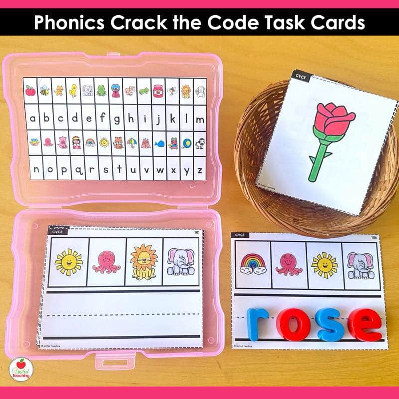 Phonics Crack the Code Task Cards Bundle CVCe activity with pink photo box and magnetic letters spelling rose
