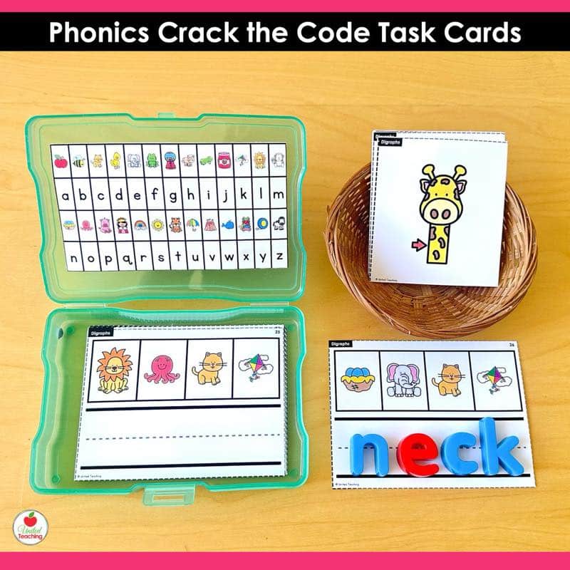 Phonics Crack the Code Task Cards Bundle digraphs activity with green photo box and magnetic letters spelling neck