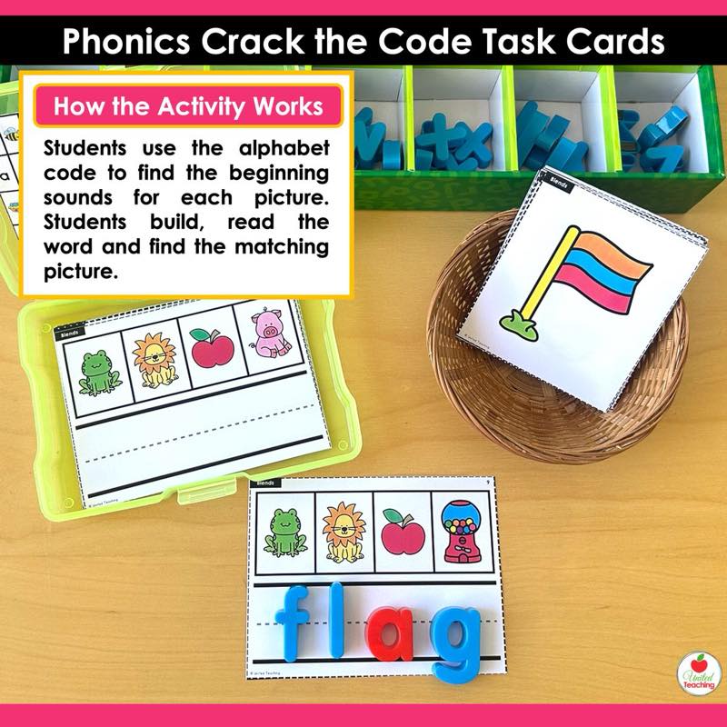 How the activity works for Phonics Crack the Code Task Cards Bundle with photo box and magnetic letters spelling flag