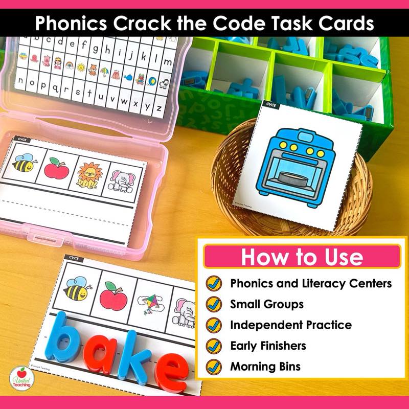 How to Use for Phonics Crack the Code Task Cards Bundle with pink photo box and magnetic letters spelling bake