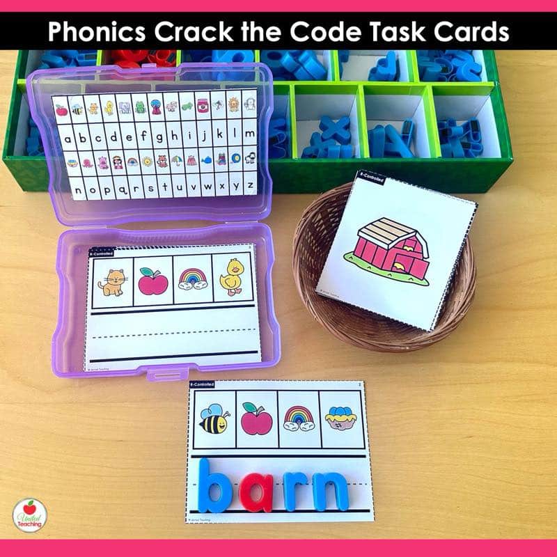 Phonics Crack the Code Task Cards Bundle r-controlled activity with purple photo box and magnetic letters spelling barn