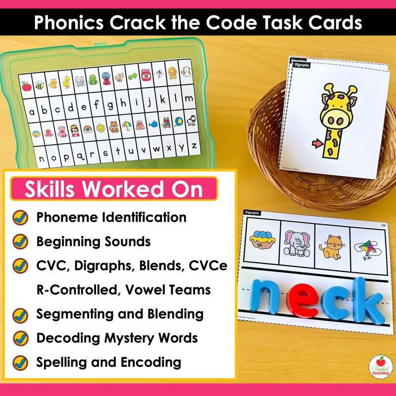 Skills Worked On for Phonics Crack the Code Task Cards Bundle covering six phonics patterns from CVC to vowel teams