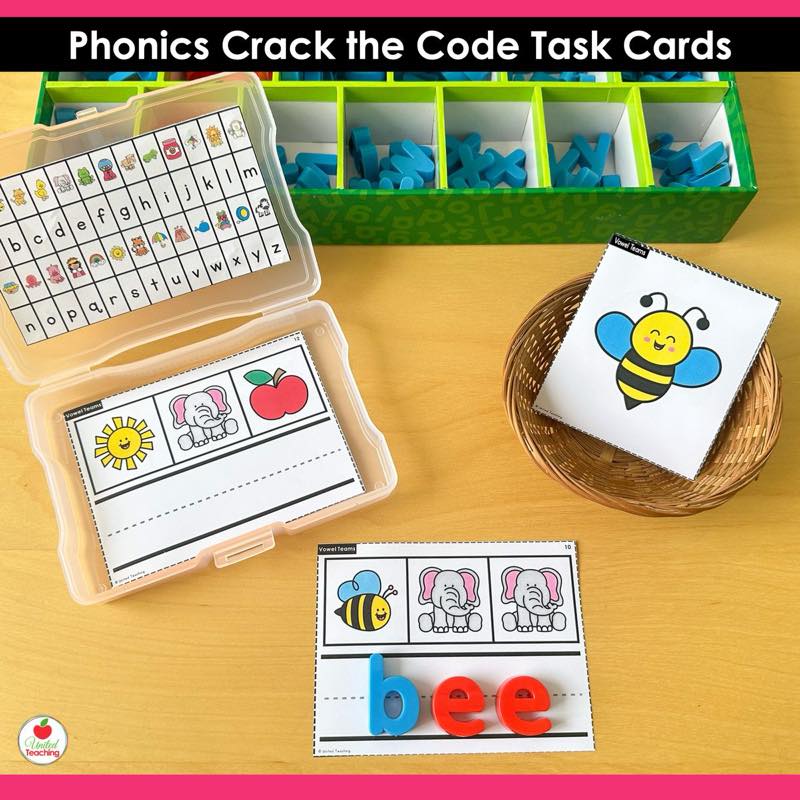 Phonics Crack the Code Task Cards Bundle vowel teams activity with photo box and magnetic letters spelling bee