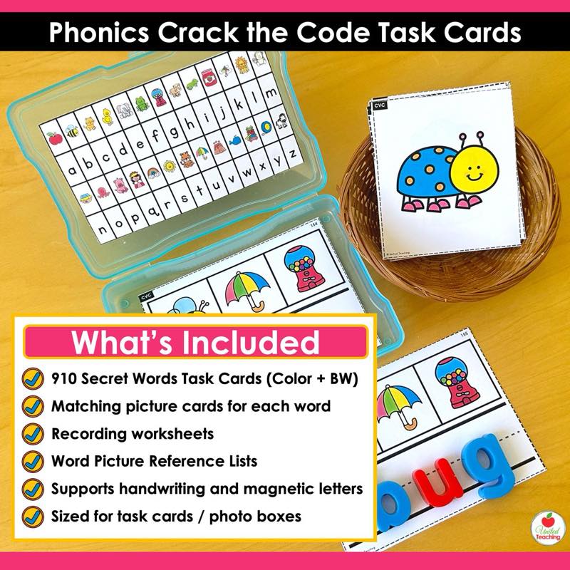 What's Included for Phonics Crack the Code Task Cards Bundle with CVC photo box and magnetic letters spelling ug