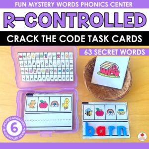 R-Controlled Vowels Crack the Code Task Cards cover with purple photo box and magnetic letters spelling barn