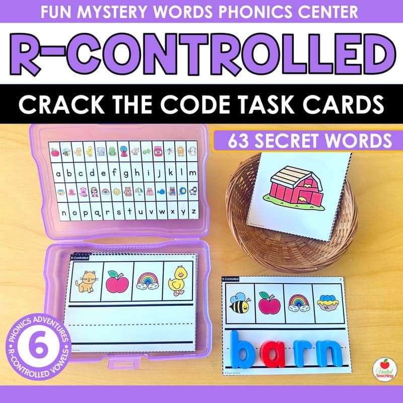 R-Controlled Vowels Crack the Code Task Cards cover with purple photo box and magnetic letters spelling barn