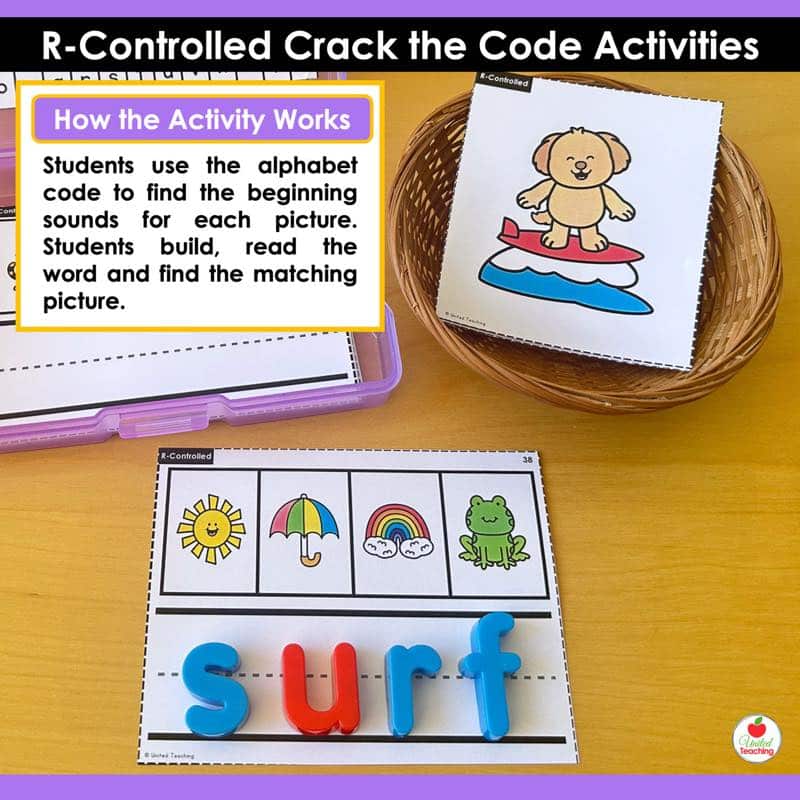 How the activity works for R-Controlled Vowels Crack the Code Task Cards with photo box and magnetic letters spelling surf