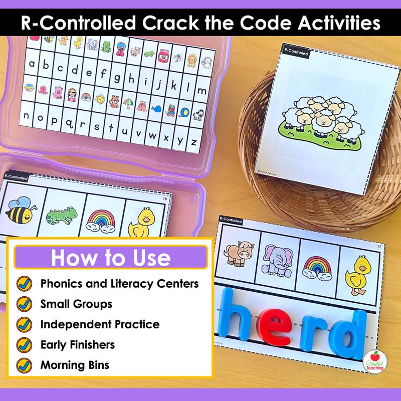 How to Use for R-Controlled Vowels Crack the Code Task Cards with photo box and magnetic letters spelling herd