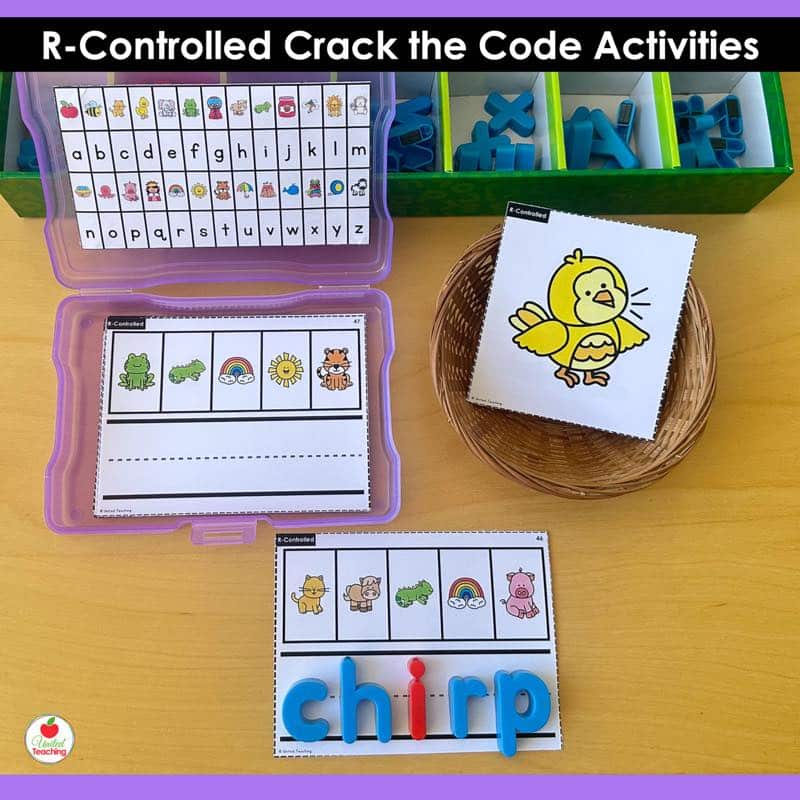 R-Controlled Vowels Crack the Code Task Cards ir activity with alphabet code photo box and magnetic letters spelling chirp