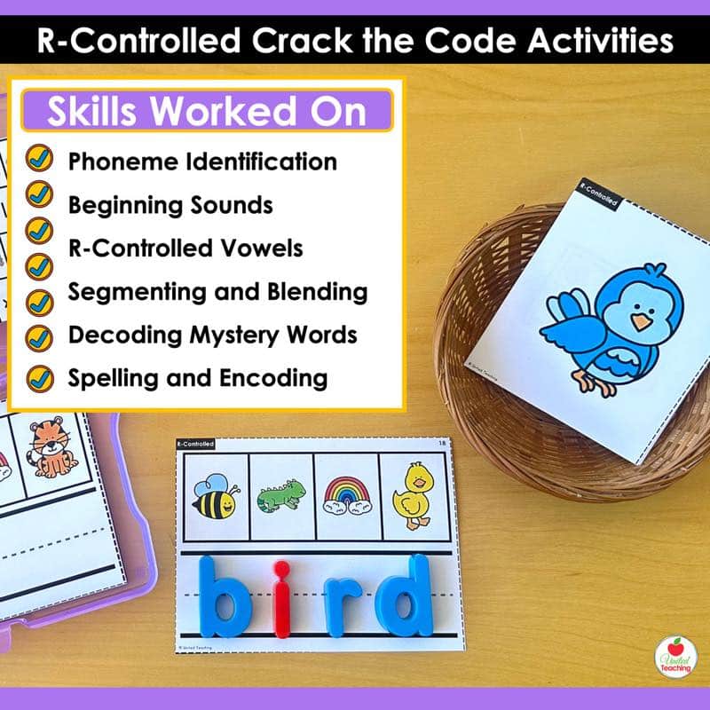 Skills Worked On for R-Controlled Vowels Crack the Code Task Cards including r-controlled vowels and decoding
