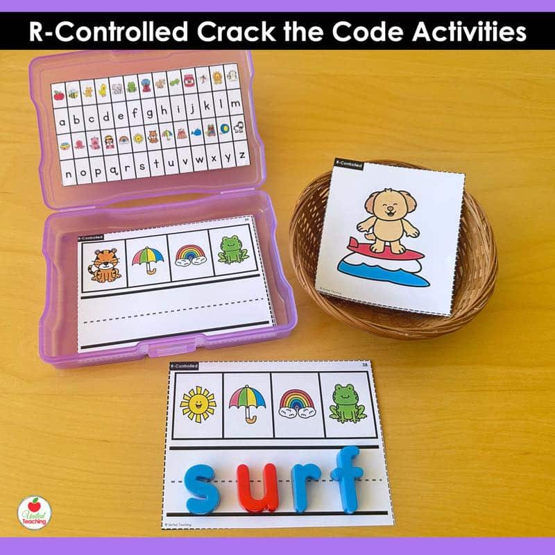R-Controlled Vowels Crack the Code Task Cards ur activity with alphabet code photo box and magnetic letters spelling surf