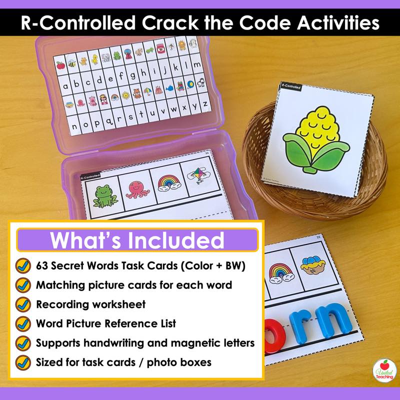 What's Included for R-Controlled Vowels Crack the Code Task Cards with purple photo box and magnetic letters spelling orn