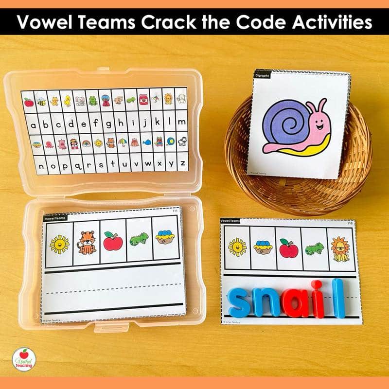 Vowel Teams Crack the Code Task Cards ai activity with photo box, snail picture card, and magnetic letters spelling snail