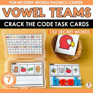 Vowel Teams Crack the Code Task Cards cover with photo box, parrot picture card in basket, and magnetic letters spelling beak