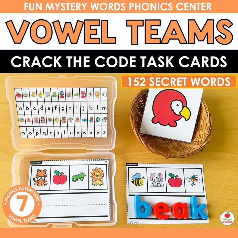 Vowel Teams Crack the Code Task Cards cover with photo box, parrot picture card in basket, and magnetic letters spelling beak