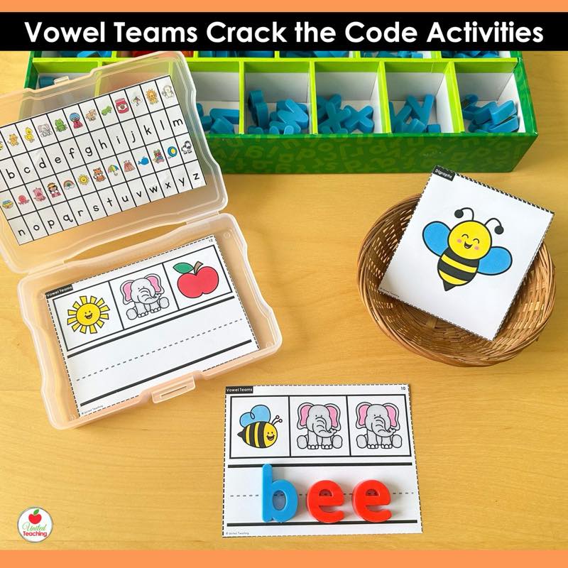 Vowel Teams Crack the Code Task Cards ee activity with photo box, magnetic letter organizer, and letters spelling bee