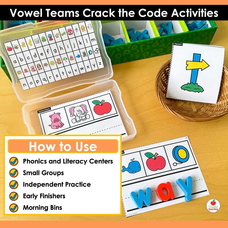 How to Use for Vowel Teams Crack the Code Task Cards with photo box and magnetic letters spelling way