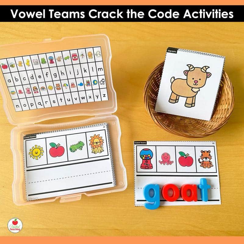 Vowel Teams Crack the Code Task Cards oa activity with photo box, goat picture card, and magnetic letters spelling goat