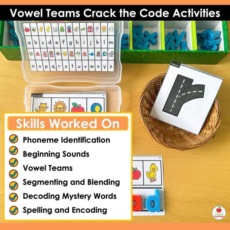 Skills Worked On for Vowel Teams Crack the Code Task Cards including vowel teams, decoding mystery words, and spelling