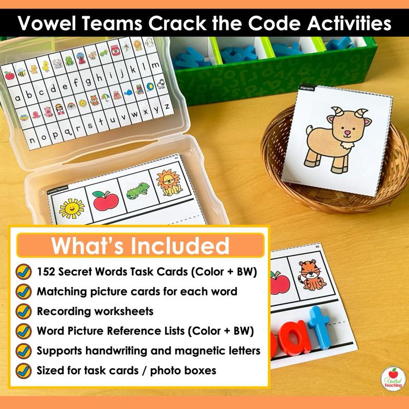 What's Included for Vowel Teams Crack the Code Task Cards with photo box, magnetic letter organizer, and letters spelling oat