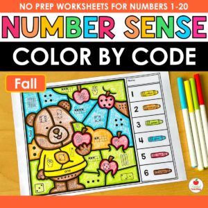 Fall Number Sense Color by Code Worksheets for Kindergarten
