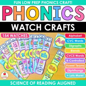 Phonics wearable watch crafts for alphabet and beginning letter sounds, cvc word families, and more