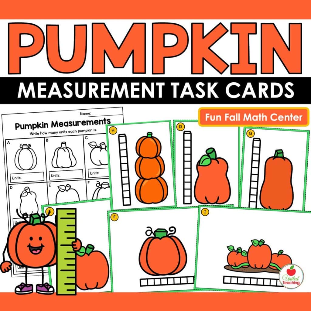 Free Pumpkin Measurement Task Cards for kindergarten with a recording sheet and pumpkins measured in cube units