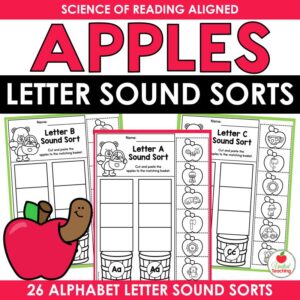 Apples Beginning Letter Sounds cut and paste worksheets cover with 26 alphabet letter sound sorts A to Z