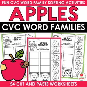 Apples CVC Word Families cut and paste worksheets cover with 54 word family sorting activities
