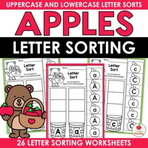 Apples Letter Sorting cover with bear holding apple basket and cut-and-paste letter sort worksheets