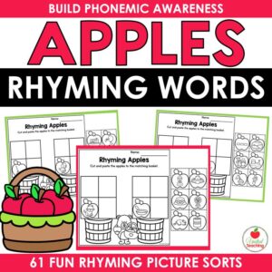Apples Rhyming Words cut and paste picture sorts cover with 61 rhyming apple worksheets for phonemic awareness
