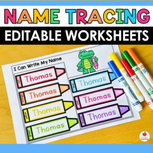 Back to School Editable Name Tracing Worksheets cover with alligator crayon tracing mat and markers