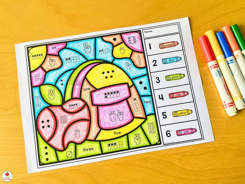 Back to School Number Sense Color by Code worksheet with a completed apple and backpack picture