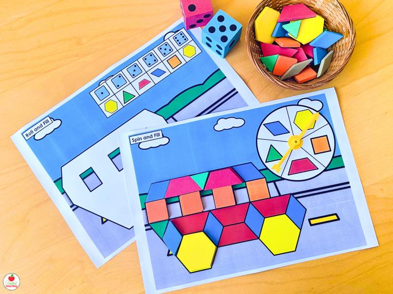 Free back to school pattern block mats with roll and fill and spin and fill train designs