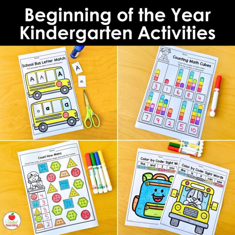 Beginning of the Year Kindergarten Activities collage with letter match, math cubes, and sight word worksheets